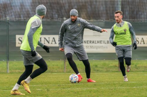 Einst Rivalen in der englischen Championship, nunmehr Teamkollegen in Altach: Mike Steven Bähre (r.) und Atdhe Nuhiu (Mitte).