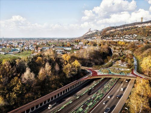 IV-Zukunftsbilder: Ein Autobahnüberbau mit Platz für Wohnraum und Campus in Dornbirn (kl. Bild) mit dem Wälderexpress. IV