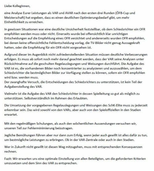 Auszug des Briefes an die Schiedsrichter -und Innen, die komplette Version auf V+.