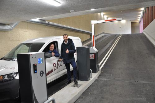 WIGE-Obmann Hanno Fuchs und Bürgermeister Simon Tschann fuhren am Mittwoch als erste in die Parkgarage Zentrum. Stadt Bludenz