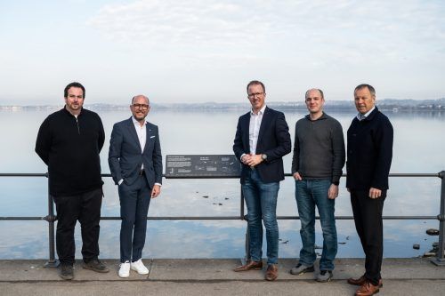 Stefan Carotta (Stadt Bregenz), Bürgermeister Michael Ritsch, Landesrat Christian Gantner sowie Matthias Nester und Thomas Blank (beide Abteilung Wasserwirtschaft).  A. Serra