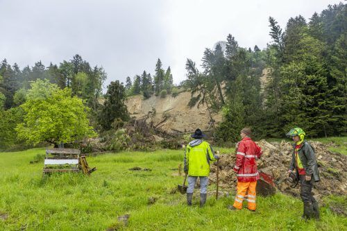 Von dem Waldhang kommt laut Bauer noch permanent etwas herunter. Bevor ein Baum bricht, ist ein lautes Knistern und Knacken zu hören. VN/Paulitsch