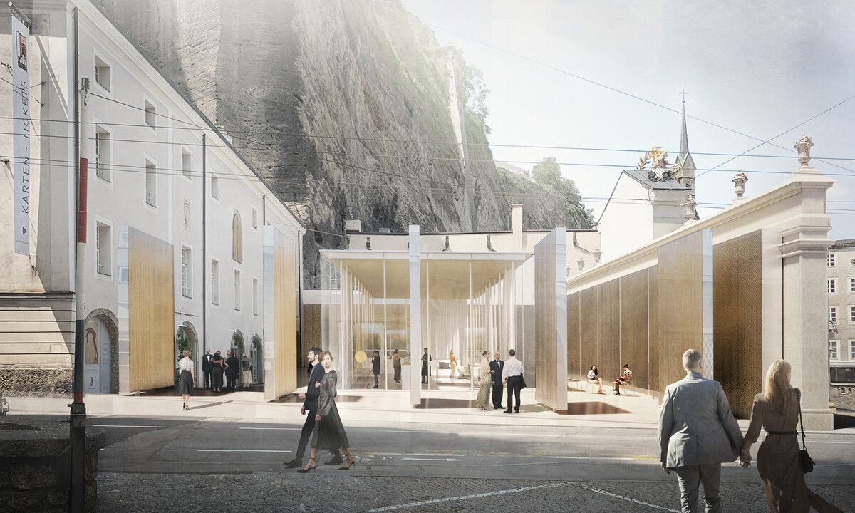 Durch das neue Zentrum erhalten die Salzburger Festspiele einen markanten Bau am Herbert-von-Karajan-Platz. ⇒FA/Rendering