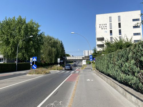 Die blauen Hinweiszeichen und die quadratischen Bodenmarkierungen weisen die Verkehrsteilnehmer auf der Landesstraße darauf hin, dass sie hier im Nachrang sind. VN/Rauch (2)