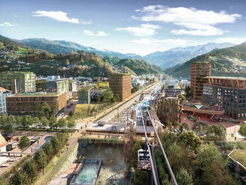 Eines der Zukunftsbilder der IV: Der Campus in Dornbirn mit der Wälderbahn.  IV/Reinventing-Society