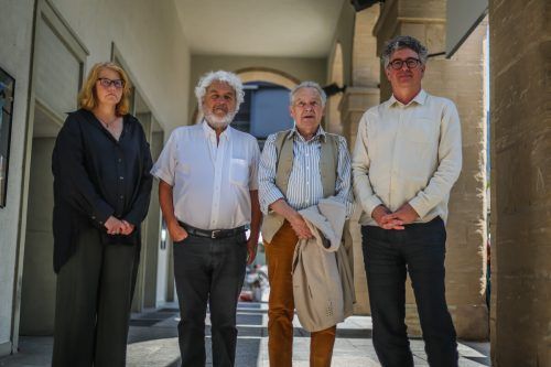 Intendantin Stephanie Gräwe, Initiator Walter Fink, Autor Felix Mitterer und Jürgen Thaler vom Felder-Verein.  VN/Steurer