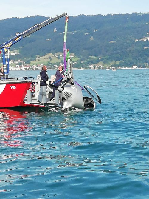 Die Einsatzkräfte bei der Bergung des Tragschraubers.  Wasserrettung Vorarlberg