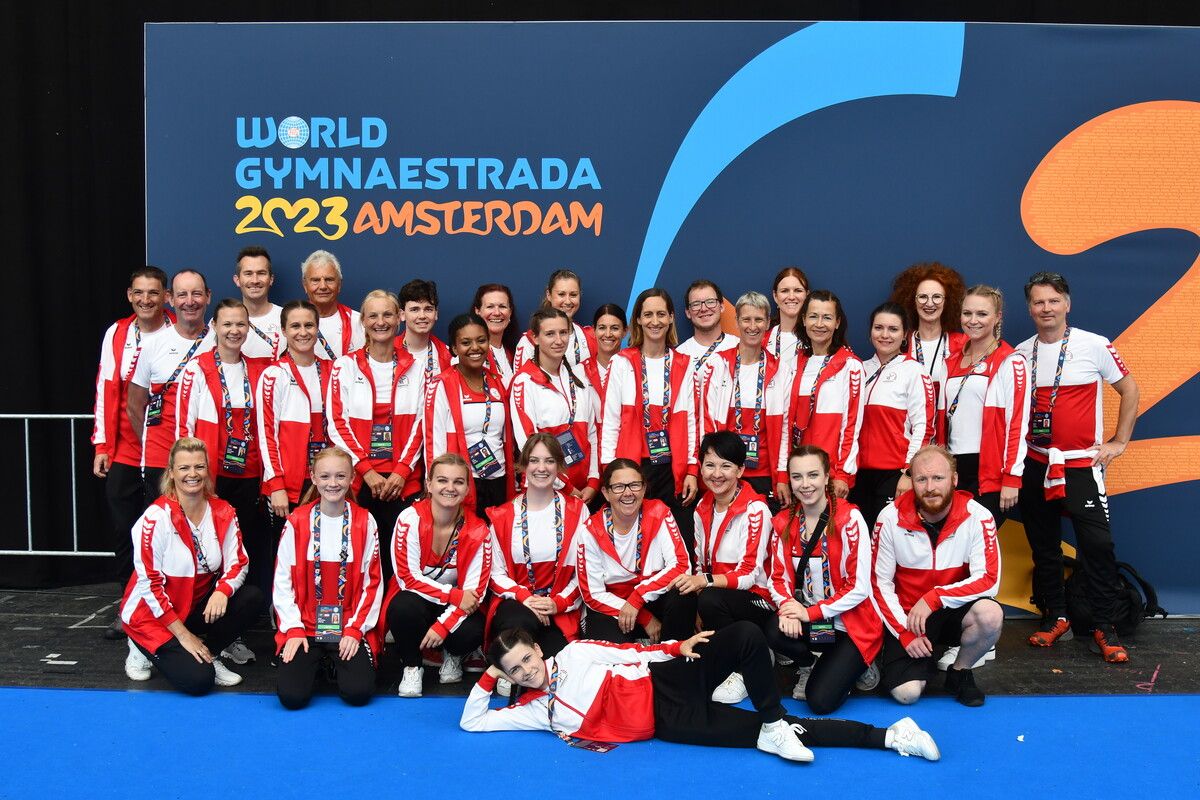 Das Team der TS Hohenems kehrte mit vielen Eindrücken von der Welt Gymnaestrada 2023 aus Amsterdam zurück.TS HOhenems