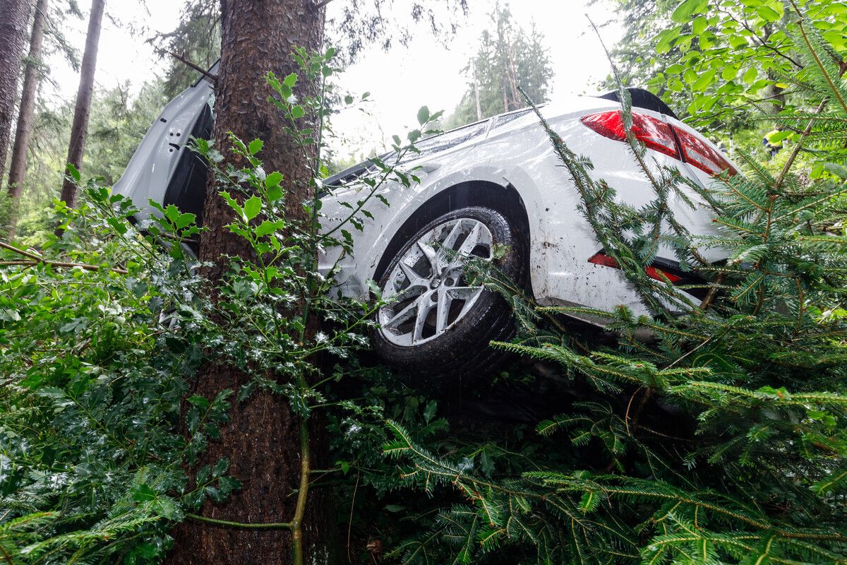 Der abstürzende Pkw blieb an einem Baum hängen, die Lenkerin konnte sich selbstständig befreien. Am Auto entstand Totalschaden. b. hofmeister