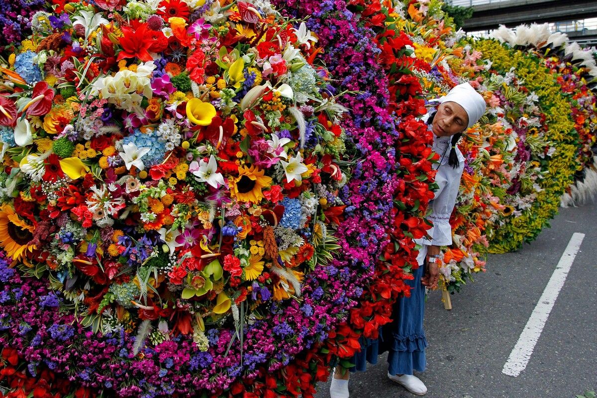 Für das Blumenfest in Medellin (Kolumbien) befestigen Bauern Blumen auf einem Holzgestell. Dieses tragen sie dann durch die Straßen. AFP