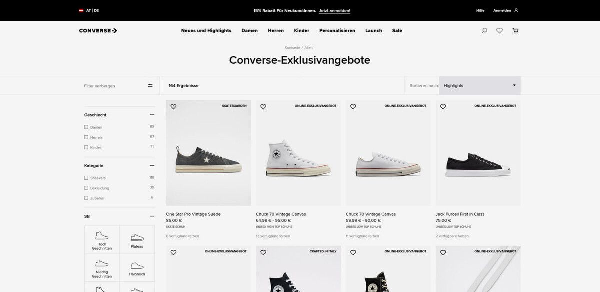 164 Produkte von Converse gibt es nur noch exklusiv über den Hersteller selbst zu erwerben. Converse