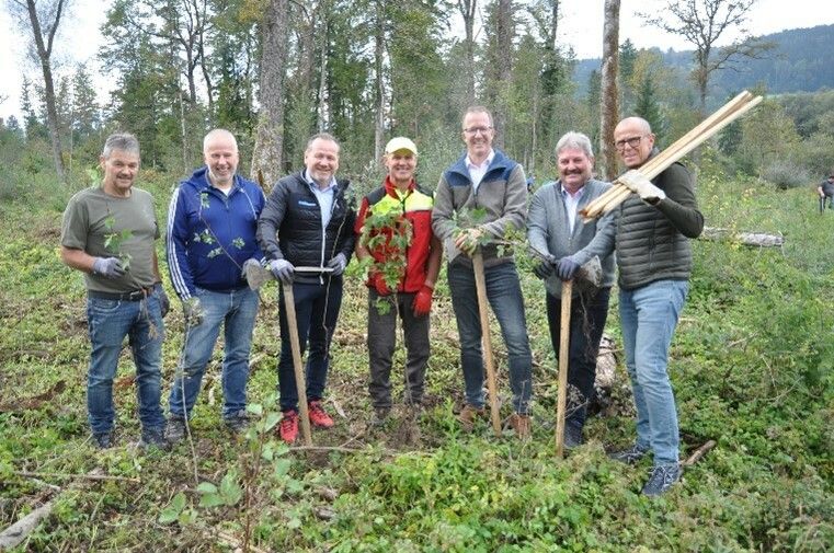Walter Rauch, Thomas Lampert, Harald Witwer, Gerold Mähr und Walter Gohm mit Forstwirtschaftsmeister Günter Dünser und LR Christian Gantner. regio