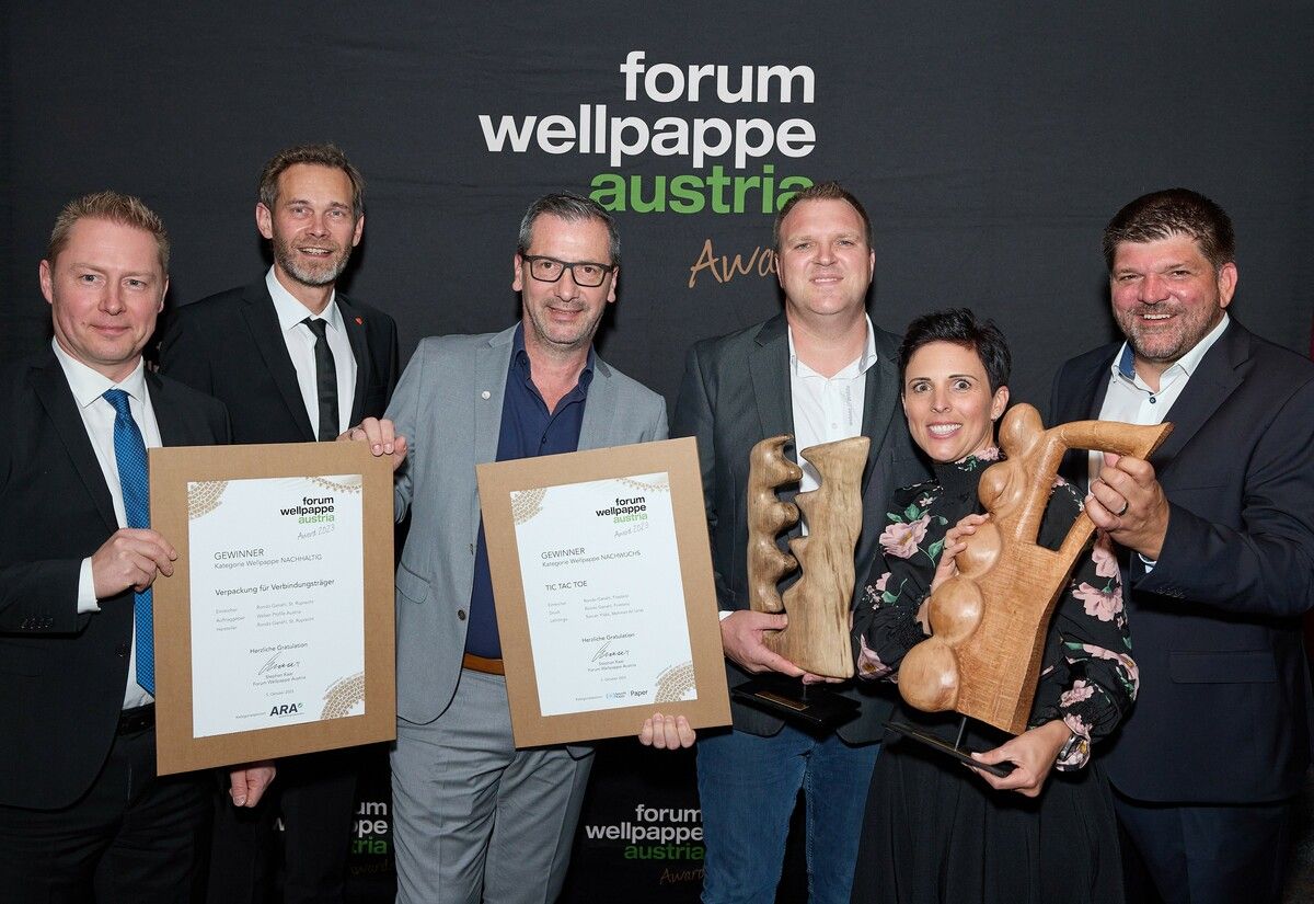Die Rondo Ganahl AG mit Stammsitz in Frastanz gewinnt gleich zwei der begehrtenForum Wellpappe Austria Awards 2023. Prämiert wurde die innovative Verpackungslösung für Verbindungsträger des Werks in St.Ruprecht (Stmk.) und das Wellpappe-Spiel Tic Tac Toe des Werks Frastanz. Fa
