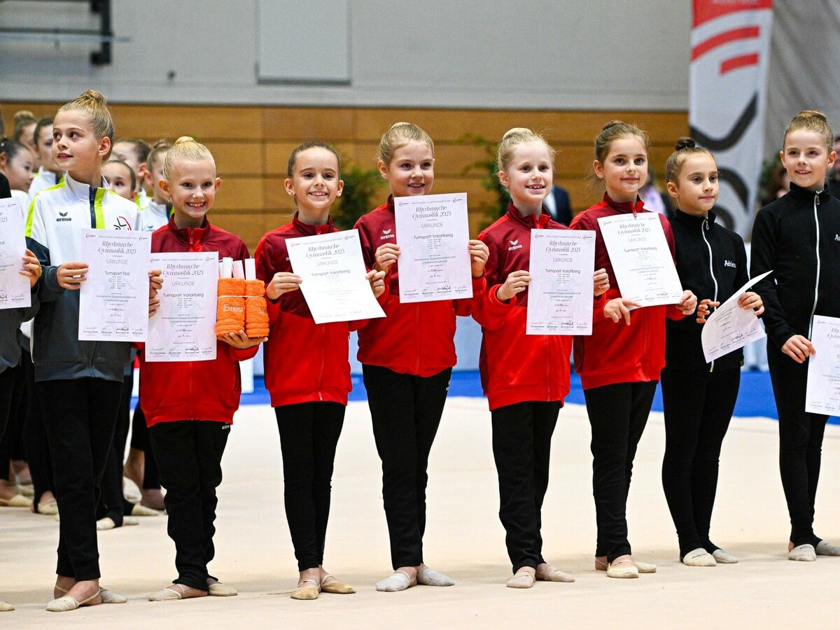 Österreichische Meisterschaften der Rhythmischen Gymnastik 2023: Turnsport Vorarlberg 1 verteidigt souverän den Titel.Sparkasse Sportgemeinschaft Götzis