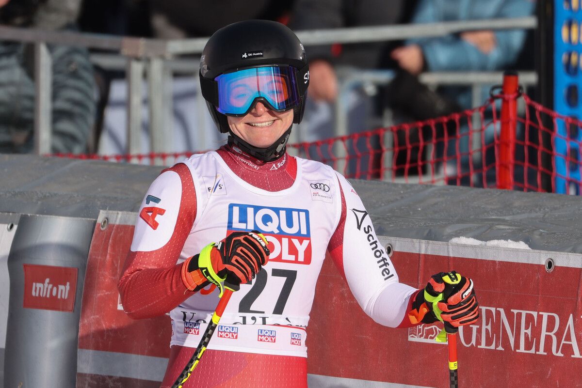 Ariane Rädler hatte nach ihrem siebten Platz in der Abfahrt gut lachen.Gepa