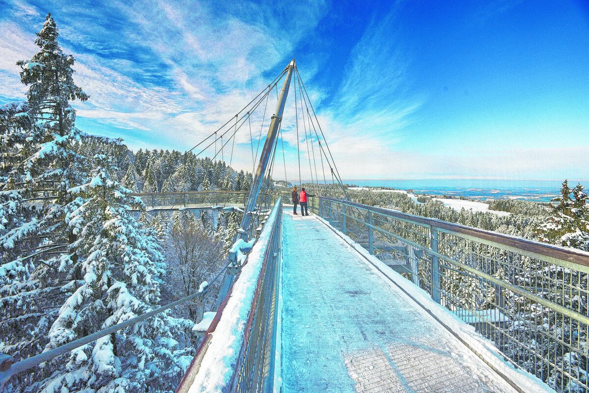 Skywalk Allgäu Oben durch verschneite Wipfel, unten durch den zauberhaften Winterwald: Im Skywalk Allgäu gibt es an den Wochenenden viel zu entdecken. Hier zeigen gefrorene Blätter, eisige Zapfen und eine Sicht bis zum Bodensee und den Allgäuer Alpen, dass sich die Natur auch ohne Wintersport genießen lässt.