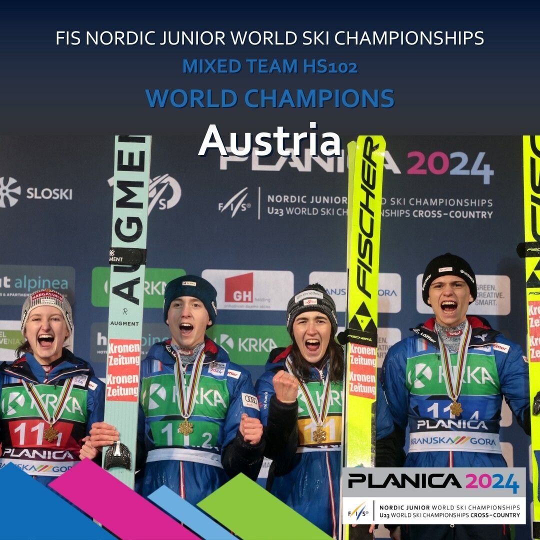 Johannes Pölz und Sarah Schuller freuen sich über den WM-Titel.Planica