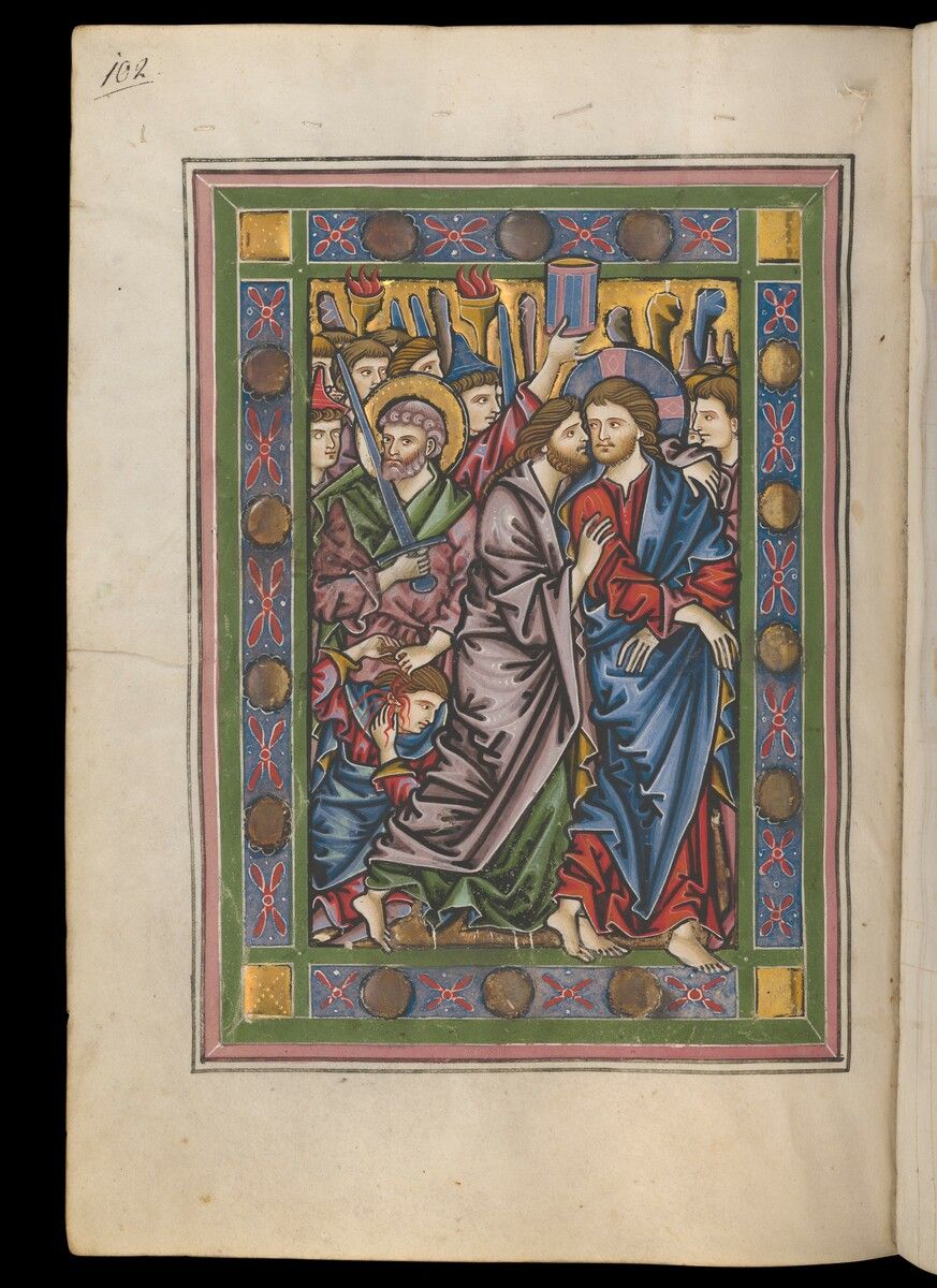 Die hochgotische Buchmalerei aus dem Rheinauer Psalter aus 1260, der in der Zentralbibliothek Zürich verwahrt wird, zeigt den Augenblick des Verrats. Mit den Worten „Der, den ich küssen werde, der ist es“, liefert Judas seinen Meister aus. ZBZ