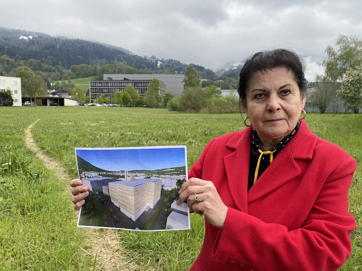 Anrainerin Marilyn Oswald vor der Wiese, die dem neuen Parkplatz weichen soll. VN/MIH
