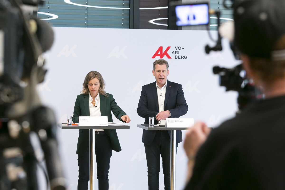 Arbeiterkammer-Direktorin Eva King und Präsident Bernhard Heinzle präsentieren das aktuelle Standortrating. ak/mathis