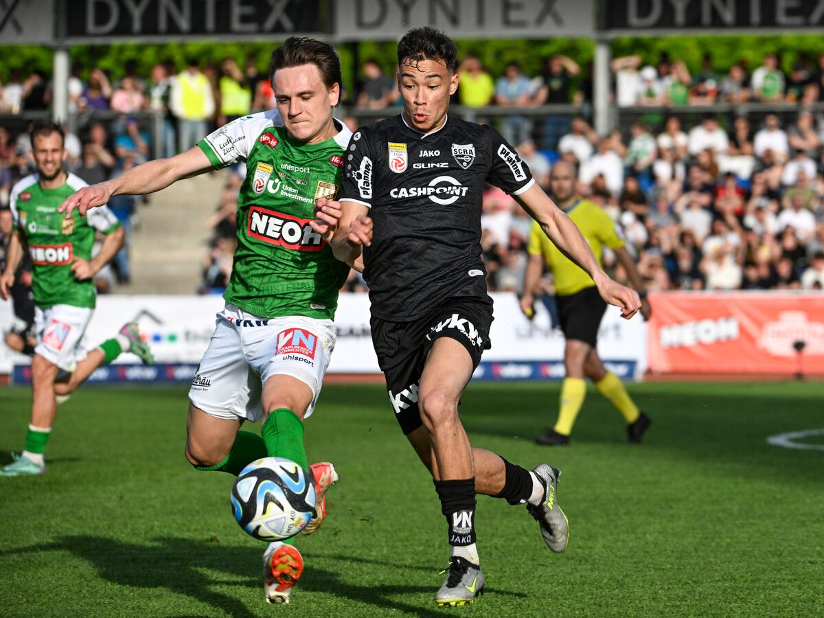 BREGENZ,AUSTRIA,13.APR.24 - SOCCER - ADMIRAL Bundesliga, qualification group, SC Austria Lustenau vs SCR Altach. Image shows Lukas Fridrikas (A.Lustenau) and Jan Jurcec (Altach). Photo: GEPA pictures/ Oliver Lerch