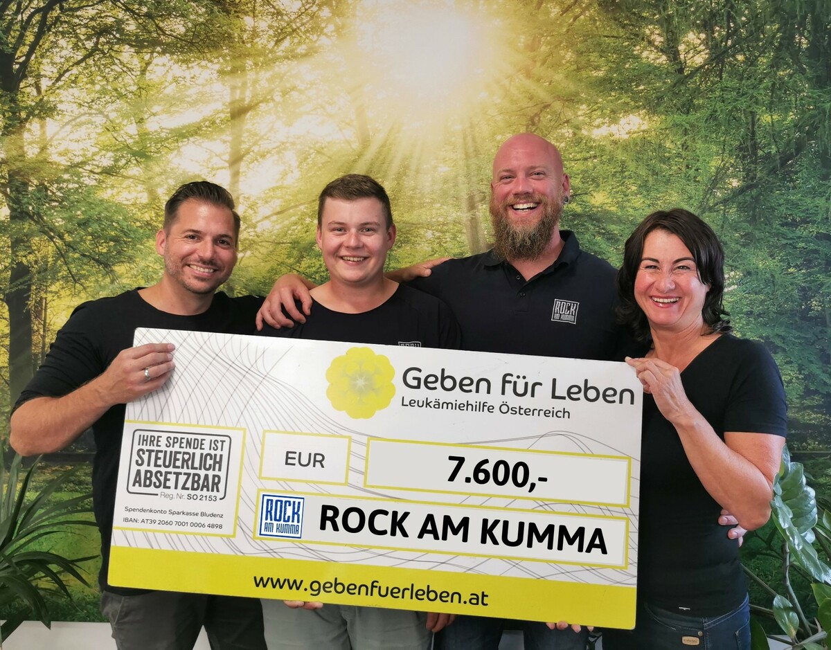 Rock am Kumma 2023: 7600 Euro für Geben für Leben. V. l.: Manuel Kussian, Kai Nekrepp, Andi, Susanne Marosch. GFL