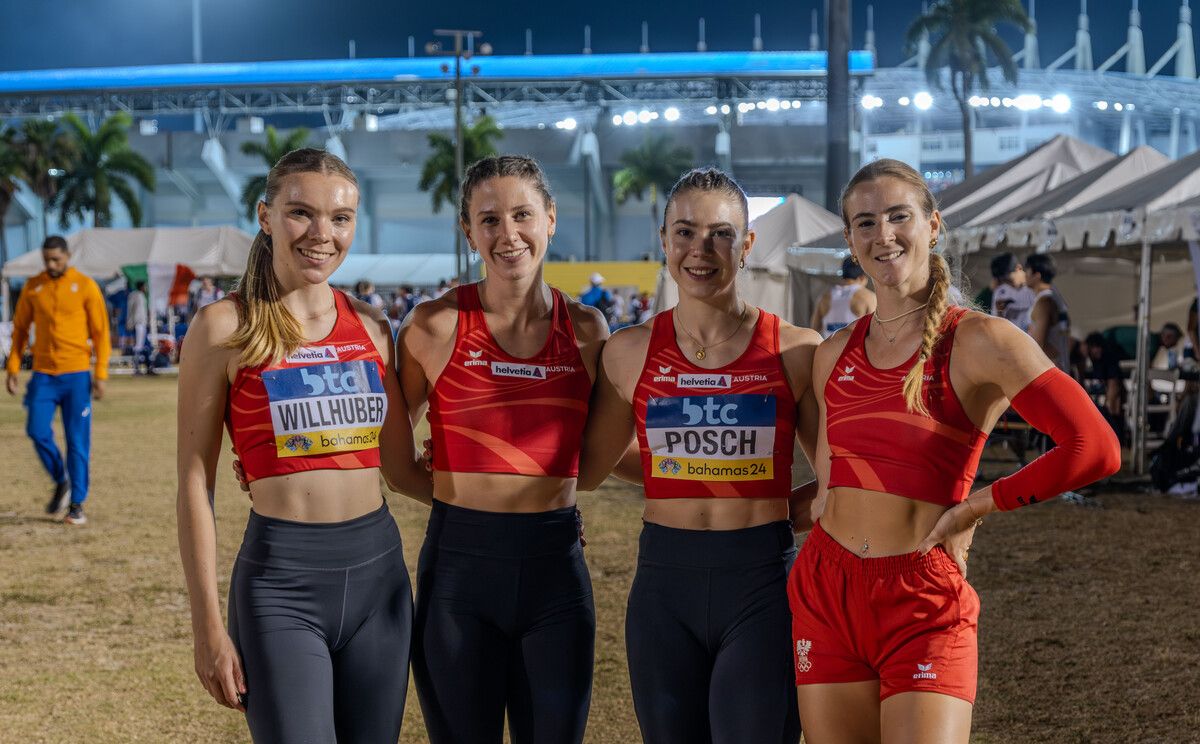 Das Quartett Viktoria Willhuber, Magdalena Lindner, Isabel Posch und Karin Strametz (v. l.) bei den World Relays in Nassau.ÖLV