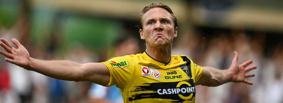 Der absolute Wille im Gesicht geschrieben. Das Bild von Felix Strauss nach seinem Treffer gegen die WSG Tirol im Abstiegsduell 2022 ist bei den Altacher Anhängern noch allgegenwärtig.gepa
