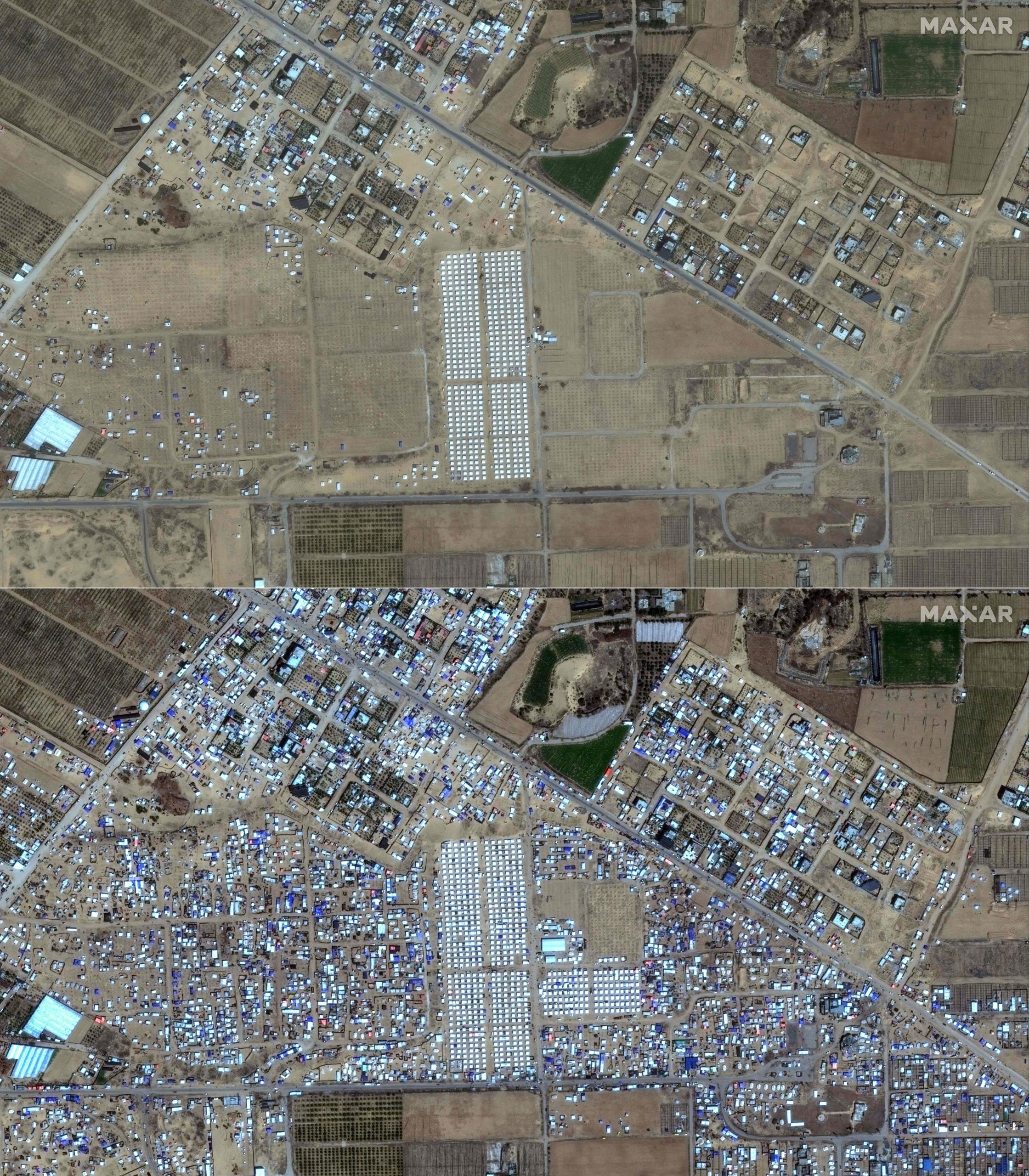 Satellitenbilder zeigen Zelte westlich von Khan Younis im Gazastreifen, am 4. Mai (oben) und am 15. Mai 2024. Die Zahl der Flüchtlinge stieg dramatisch, die humanitäre Katastrophe spitzt sich zu. Unterdessen wurde bekannt, dass das israelische Militär mehr Soldaten in die Gegend von Rafah schickt, die den Einsatz am Boden verstärken sollen. AFP