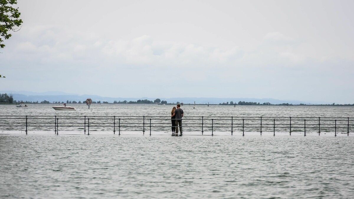 Diese Besucher am Molo in Bregenz haben vermutlich nasse Füße bekommen. VN/STEURER