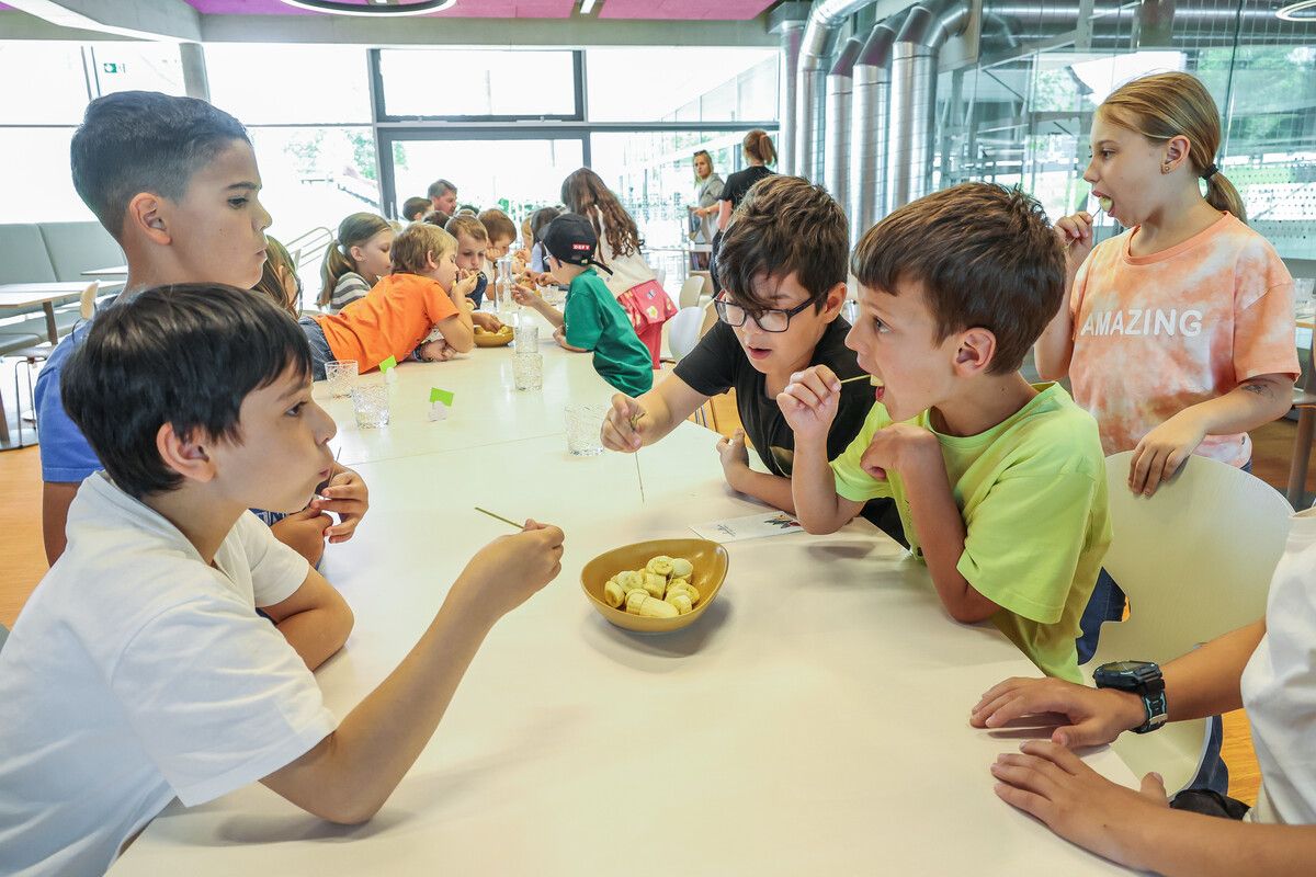 Große Mittagstafel. Die Schulkinder lernen Tischregeln und gesunde Kost zu lieben. VN/Steurer