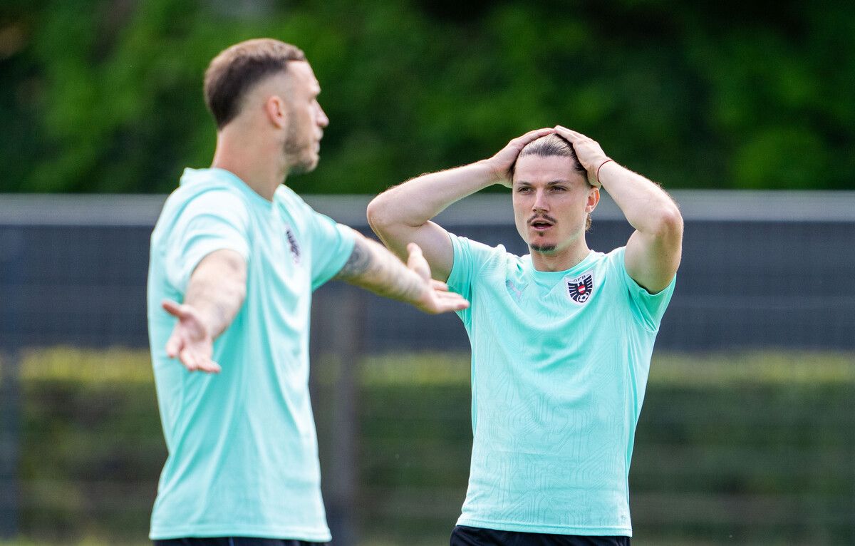 Marcel Sabitzer im Abschlusstraining mit Marko Arnautovic.GEPA