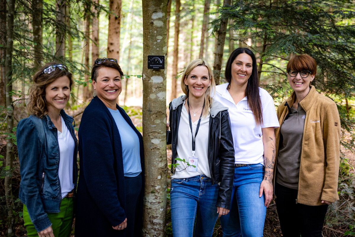 Sternenmamis Patrizia und Bianca, Marina und Barbara (Verein Vergiss Mich Nicht) und Klosterwald-Mitarbeiterin Irene Christoph (v. l.) bei der Sternenkinderbaumauswahl.
