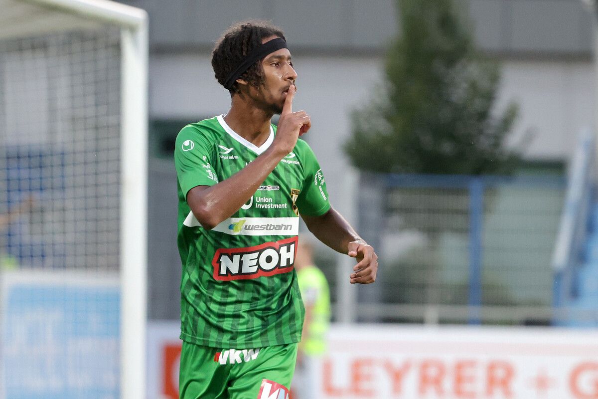 HORN,AUSTRIA,23.AUG.24 - SOCCER - ADMIRAL 2. Liga, SV Horn vs SC Austria Lustenau. Image shows the rejoicing Abdellah Baallal (A.Lustenau). Photo: GEPA pictures/ Walter Luger