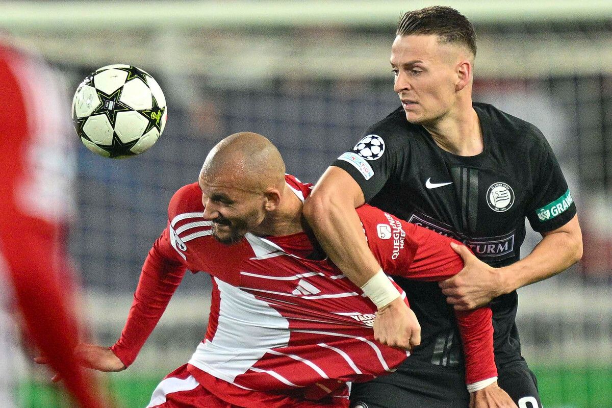Der Einsatz von Sturms Dimitri Lavalee gegen Stade-Brest-Stürmer Ludovic Ajorque blieb unbelohnt.⇒Gepa