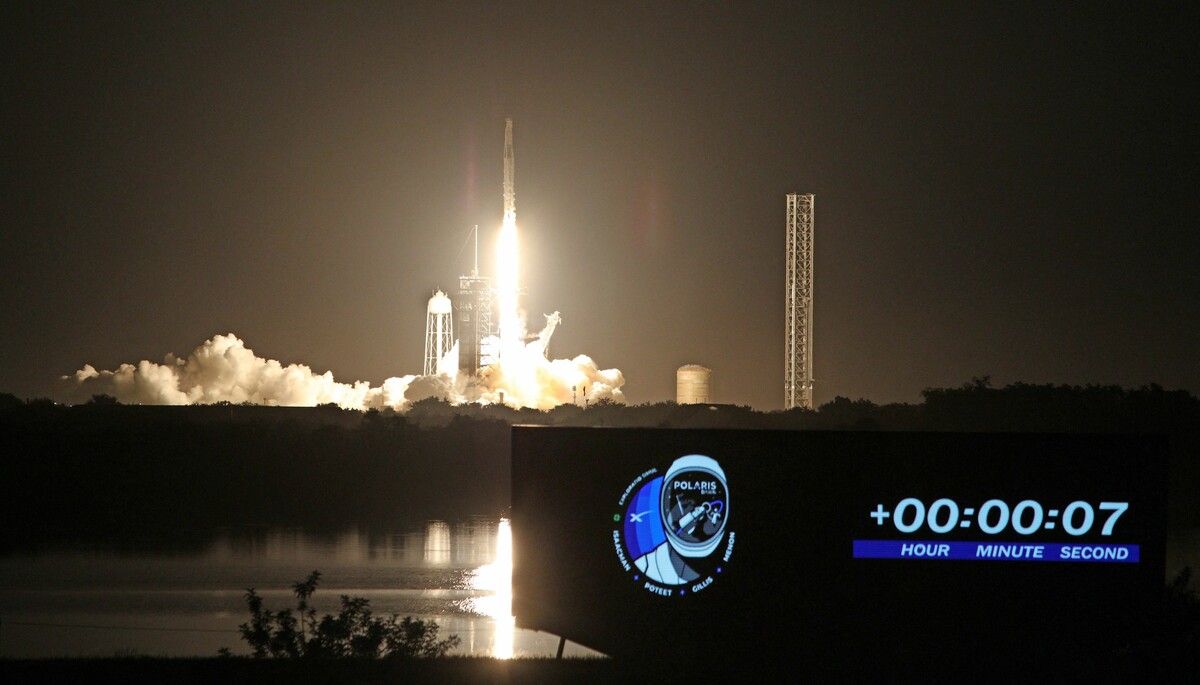 Die SpaceX-Falcon-9-Rakete mit dem Crew-Dragon-„Resilience“-Raumschiff startete gestern in Cape Canaveral. Die privat finanzierte „Polaris Dawn“-Mission dauert fünf Tage.⇒afp