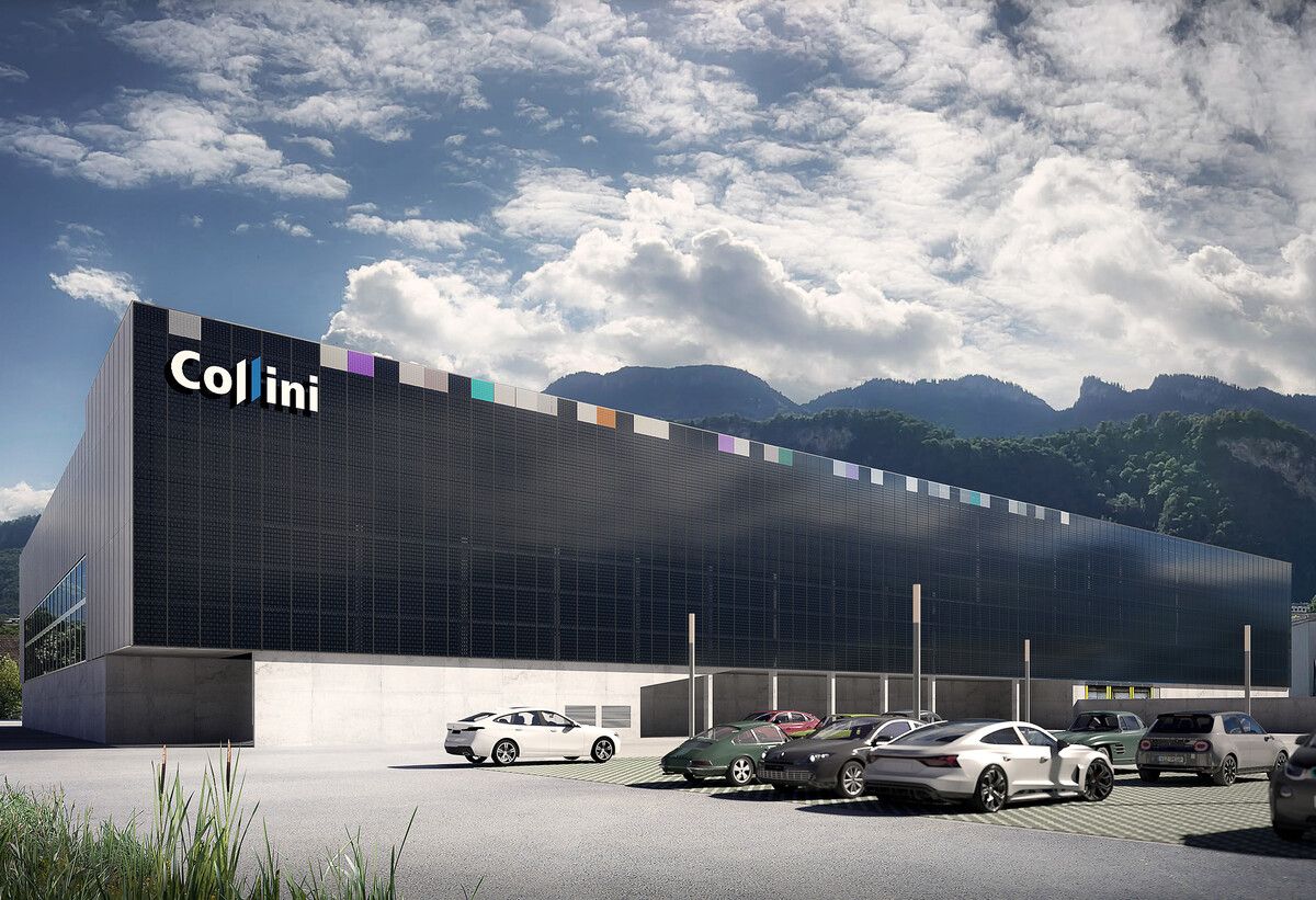 Die Visualisierung der Fassaden-Photovoltaik-Anlage am neuen Collini-Produktionsgebäude in Hohenems. ⇒rhomberg