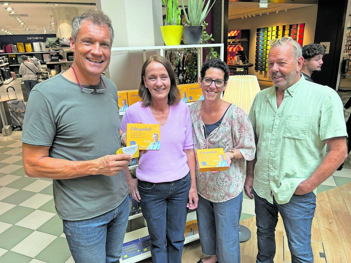 Quizmeister Armin Assinger, Anita Figo (Das Buch), Nina Winkler und Thomas Steiner präsentierten „Obergscheid“. ⇒Franc