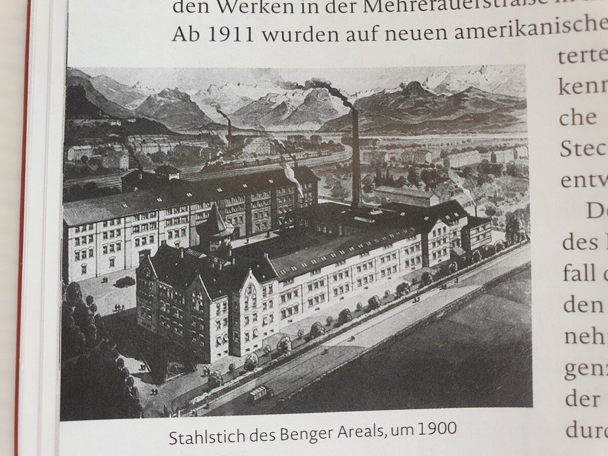 Stahlstich des Benger-Areals um 1900. ⇒Orte, Fabriken, Geschichten (Haymon)