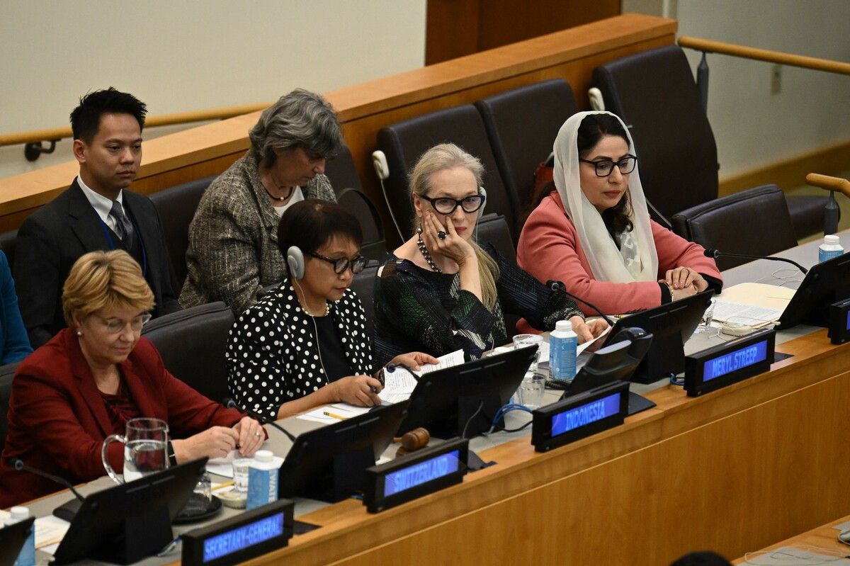 US-Schauspielerin Meryl Streep setzt sich im UN-Hauptquartier in New York City für die Zukunft von afghanischen Frauen ein. AFP