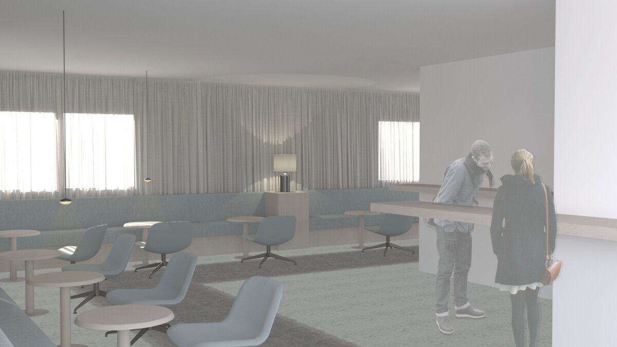 Visualisierung der neuen People’s Lounge mit neuem Design und neuer Möblierung. ⇒Peoples