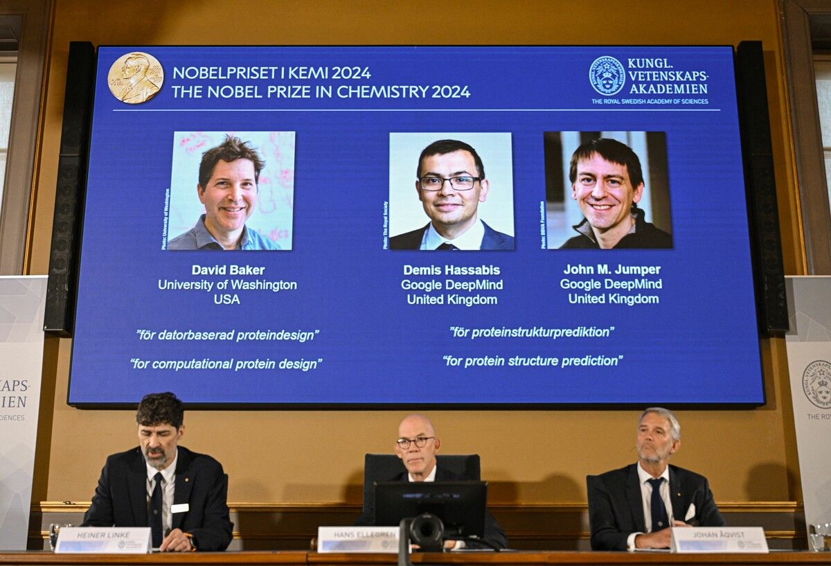 Der Chemie-Nobelpreis geht an David Baker, Demis Haabis und John Jumper (v. l.).⇒AFP