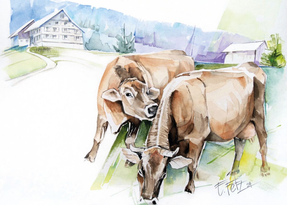 Ewald Fetz: „Gute Nachbarschaft”. Aquarell, 2024, 21×15 cm.