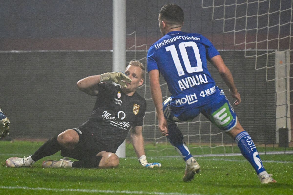 Hartbergs Donis Avdijaj, im Bild gegen Austria-Torhüter Domenik Schierl, war der Matchwinner im Cup-Achtelfinale.⇒gepa