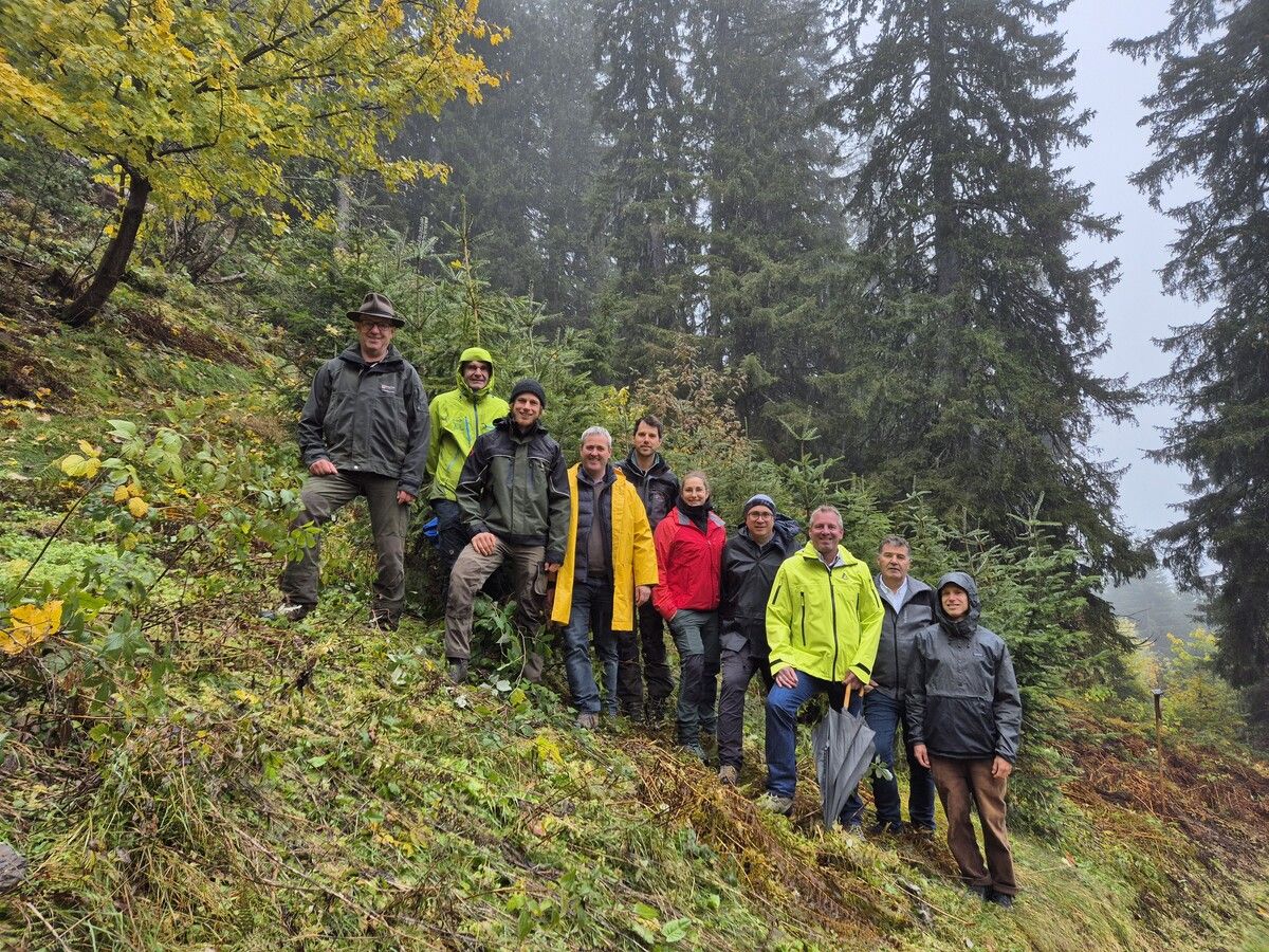Im Schutzwald, u. a. mit Bgm. Erich Kaufmann, Waldaufseher Erich Enenkel, Landesforst­direktor Andreas Amann, Gerald Jäger und Hannes Kessler (WLV). ⇒VN/JUN