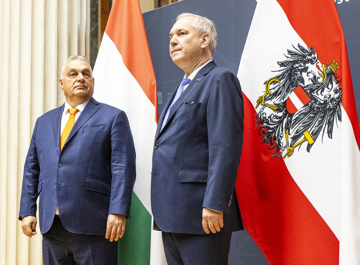 Beim Treffen zwischen Nationalratspräsident Walter Rosenkranz und Ungarns Ministerpräsidenten Viktor Orbán fehlte die EU-Flagge.⇒APA