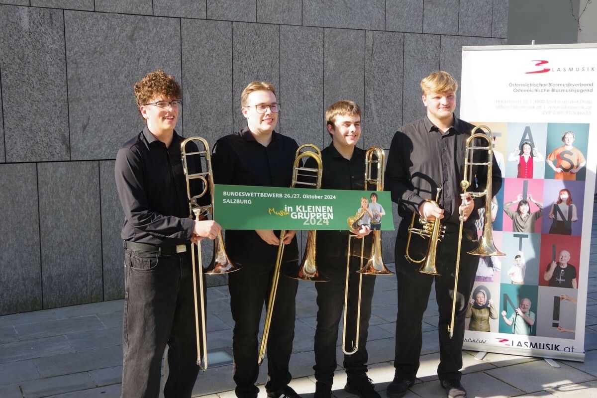 Jakob Klien, Joachim Gallez, Bernhard Schlömmer und Florian Klien konnten sich gegen Ensembles aus ganz Österreich behaupten.⇒musikschule feldkirch