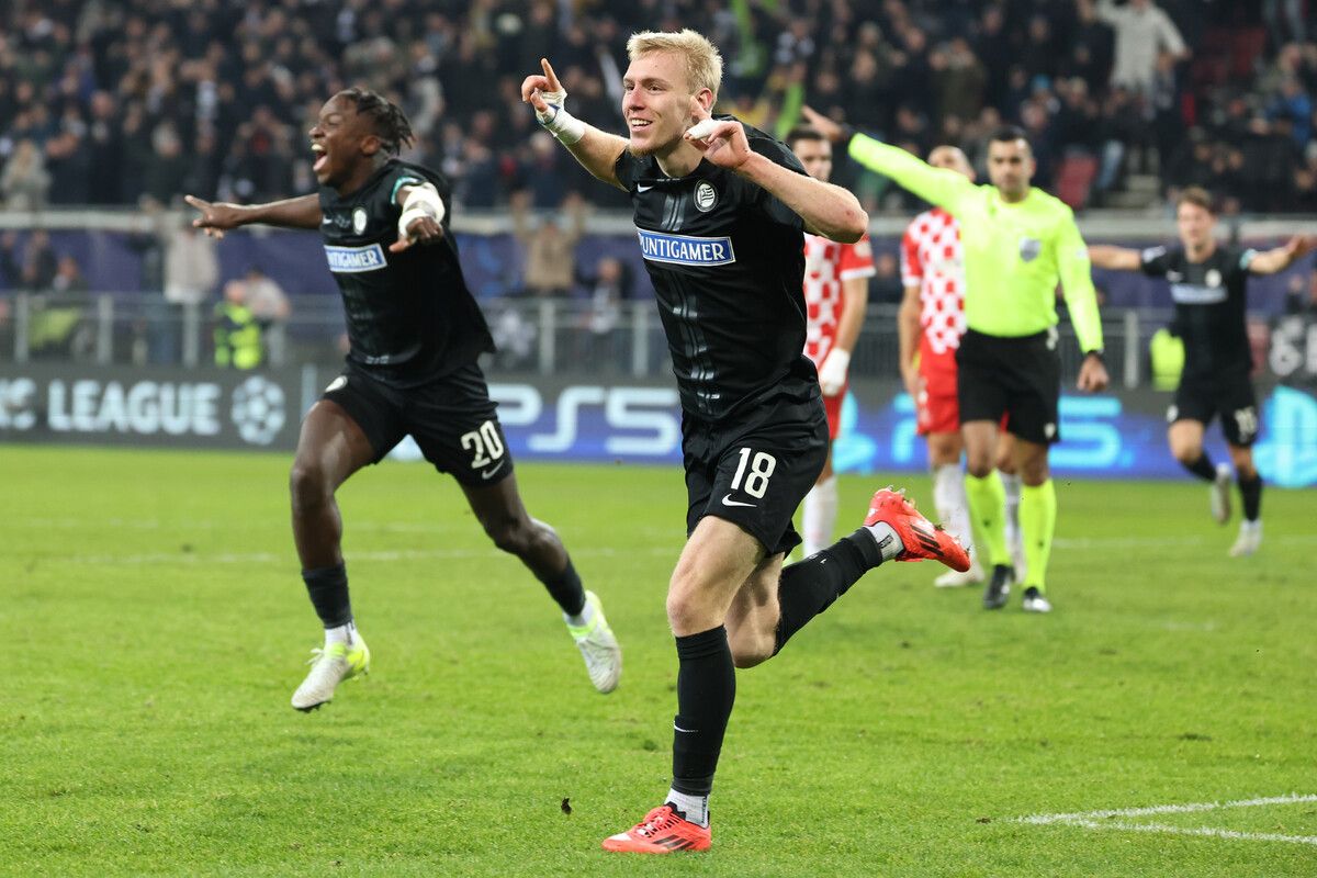 Siegtorschütze Mika Biereth feiert den einzigen Treffer des Abends, der den Grazern den vollen Erfolg über Girona sichert.⇒gepa