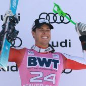 Lukas Feurstein zeigt mit Podestdebüt als Dritter im Super-G auf. »C1