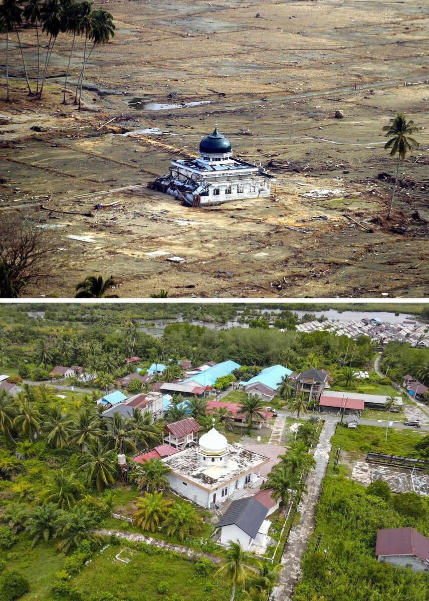 Um die Moschee an der Küste von Sumatra herrschte 2004 totale Verwüstung. Heute ist davon nichts mehr zu sehen.⇒AFP